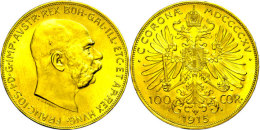 100 Kronen, 1915, Gold, Franz Joseph I., Neuprägung, Unz.  Unz100 Coronas, 1915, Gold, Francis Joseph I.,... - Austria