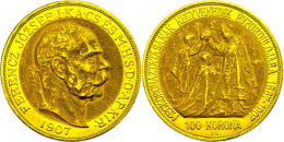 100 Kronen, Gold, 1907, Franz Josef I., 40. Thronjubiläum, Kremnitz, Fb. 257, J. 417, Wz. Rf., Vz-st. ... - Oesterreich