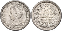 25 Cent, 1910, Wilhelmina, Schulman 860, Ss+.  25 Cent, 1910, Wilhelmina, Schulman 860, Very Fine. - Sonstige & Ohne Zuordnung
