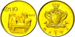 10 Pounds, Gold, 1972, Steinerner Holzkohlenofen "Kenur", 916er Gold, 6 G, Fb. 50, KM 16, Vz Aus PP.  VzausPP10... - Malta