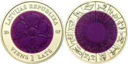 1 Lats, 2007, Heraldische Rose (violett Oxidiert), KM 90, Schön 90, Im Etui Mit Kapsel Und Zertifikat, Auflage... - Lettland