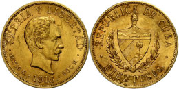 10 Pesos, Gold, 1916, José Marti, Fb. 3, Kl. Rf., Ss-vz.  Ss-vz10 Peso, Gold, 1916, José Marti,... - Kuba