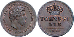 Neapel, 2 Tornesi, 1843, Ferdinand II., Schrötlingsfehler Am Rand, Vz+.  Naples, 2 Tornesi, 1843,... - Sonstige & Ohne Zuordnung