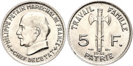 5 Francs, Kupfer/Nickel, 1941, Marschall Petain, Gadoury 764, Vz-st.  Vz-st5 Franc, Copper / Nickel, 1941,... - Other & Unclassified