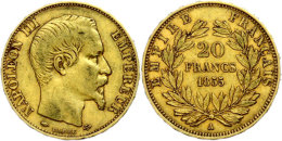 20 Francs, Gold, 1855, Napoleon III., Mzz A Paris, Fb. 573, Ss.  Ss20 Franc, Gold, 1855, Napoleon III., Mzz A... - Other & Unclassified