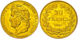 20 Francs, 1847 A (Paris), Gold, Louis Philippe I., Wz. Rf., Ss  Ss20 Franc, 1847 A (Paris), Gold, Louis... - Other & Unclassified