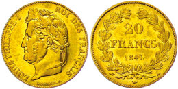 20 Francs, 1847 A (Paris), Gold, Louis Philippe I., Kl. Rf., Ss+.  20 Franc, 1847 A (Paris), Gold, Louis... - Sonstige & Ohne Zuordnung