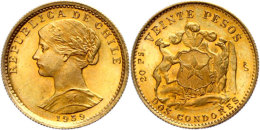 20 Pesos, 1959, Gold, Freiheitskopf, St  St20 Peso, 1959, Gold, Freedom Head, St  St - Chile