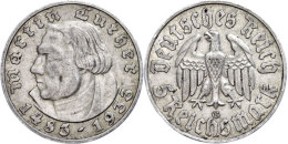 5 Reichsmark, 1933, Martin Luther, Prägung G, Ss, Katalog: J. 353 Ss5 Reichmark, 1933, Martin Luther,... - Sonstige & Ohne Zuordnung