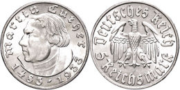 5 Reichsmark, 1933 F, Martin Luther, Min. Randfehler, Vz., Katalog: J. 353 Vz5 Reichmark, 1933 F, Martin... - Sonstige & Ohne Zuordnung