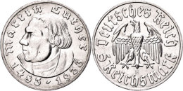 5 Reichsmark, 1933 E, Martin Luther, Poliert, Ss-vz., Katalog: J. 353 Ss-vz5 Reichmark, 1933 E, Martin Luther,... - Other & Unclassified