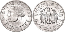 5 Reichsmark, 1933 A, Martin Luther, Vz., Katalog: J. 353 Vz5 Reichmark, 1933 A, Martin Luther, Extremley Fine,... - Other & Unclassified