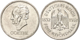 5 Reichsmark, 1932, D, Goethe, Kl. Rf., F. Vz., Katalog: J. 351 5 Reichmark, 1932, D, Goethe, Small Edge Nick,... - Sonstige & Ohne Zuordnung