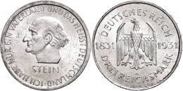 3 Reichsmark, 1931, Freiherr Von Stein, Vz, Katalog: J. 348 Vz3 Reichmark, 1931, Baron From Stone, Extremly... - Other & Unclassified