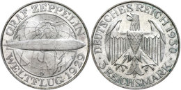 3 Reichsmark 1929, Zeppelin, Vz+, Katalog: J. 342 Vz3 Reichmark 1929, Zeppelin, Extremly Fine, Catalogue: J.... - Other & Unclassified