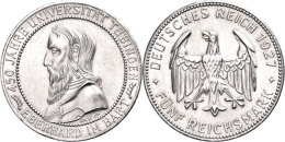 5 Reichsmark, 1927 F, 450 Jahre Universität Tübingen, Winzige Kratzer, Vz., Katalog: J. 329 Vz5... - Other & Unclassified