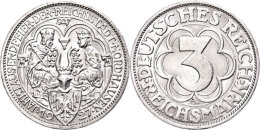 3 Reichsmark, 1927 A, 1000 Jahre Nordhausen, Winzige Kratzer, Randfehler, Vz., Katalog: J. 327 Vz3 Reichmark,... - Other & Unclassified