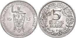 5 Reichsmark, 1925 F, Jahrtausendfeier Der Rheinlande, Patina, Kl. Randfehler, Vz., Katalog: J. 322 Vz5... - Other & Unclassified