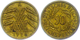 50 Reichspfennig,1924, A, Kl. Rf., Vz., Katalog: J. 318 Vz50 Reichs Penny, 1924, A, Small Edge Nick, Extremley... - Sonstige & Ohne Zuordnung