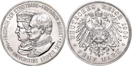 5 Mark, 1909, Friedrich August III., Universität Leipzig, Kl. Kratzer, Win. Randfehler, Vz-st., Katalog: J.... - Other & Unclassified