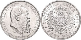 5 Mark, 1911, Luitpold I., 90. Geburtstag, Min. Berieben, Kl. Randfehler, Vz-st., Katalog: J. 49 Vz-st5 Mark,... - Other & Unclassified