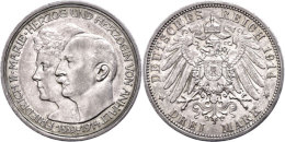 3 Mark, 1914, Friedrich II., Zur Silbernen Hochzeit, Dunkle Tönung, Vz., Katalog: J. 24 Vz3 Mark, 1914,... - Sonstige & Ohne Zuordnung