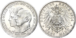 3 Mark, 1914, Friedrich II., Zur Silbernen Hochzeit Mir Marie, Kl. Kratzer, Kl. Randfehler, Vz-st., Katalog: J. 24... - Sonstige & Ohne Zuordnung