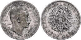 5 Mark, 1888, Wilhelm II., Kl. Rf., Ss., Katalog: J. 101 Ss5 Mark, 1888, Wilhelm II., Small Edge Nick, Very... - Sonstige & Ohne Zuordnung