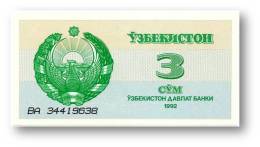 UZBEKISTAN - 3 SUM - 1992 ( 1993 ) - Pick 62 - UNC. - Serie BA - 2 Scans - Uzbekistán