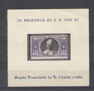 VATICANO 1939 LIRE 1 MEDAGLIONI LISTATO A LUTTO SU FRAMMENTO - Ongebruikt