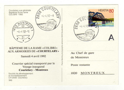 Carte 1er Jour Oblitération 2608 COURTELARY 1820 MONTREUX 04/04/1992 - Cartas Máxima