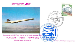 Enveloppe Lettre Philatélique Concorde 1er Vol  Bologne Paris New York F BVFA VOL AF 4799 4.10.1987. 1987 Air France - 1927-1959 Brieven & Documenten