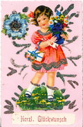 GIRL WITH FLOWERS, HANDMADE POSTCARD - Kinderen