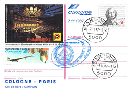 Carte   Philatélique Concorde Premier Vol Cologne Paris 07.11.. 1987 Air France - 1927-1959 Lettres & Documents