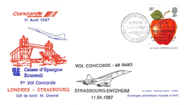 Lettre Philatélique Aérienne  Concorde Premier Vol Londres Strasbourg 11.04.. 1987 Air France - 1927-1959 Storia Postale