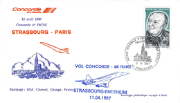 Lettre Philatélique Aérienne  Concorde  Strasbourg Paris 11.04.. 1987 Air France - 1927-1959 Covers & Documents