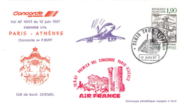 Lettre Philatélique Aérienne Concorde Premier Vol F B V F F Paris Athènes Vol AF 4843 12.06 1987 Air France - 1927-1959 Covers & Documents