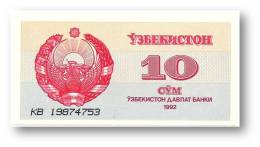 UZBEKISTAN - 10 SUM - 1992 ( 1993 ) - Pick 64 - UNC. - Serie KB - 2 Scans - Uzbekistán