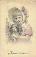 Petite Fille Et Son Chien - Colorisé - Signé E Döcker - Doecker, E.