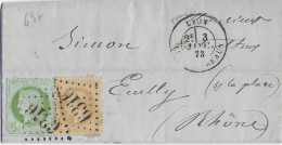 MIXTE EMPIRE / CERES - 1873 - LETTRE De LYON Pour ECULLY (RHONE) - 1871-1875 Cérès