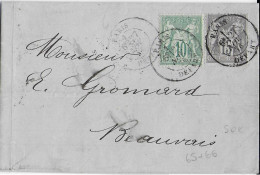 1876 - YVERT N°65+66 SAGE N/B Sur LETTRE De PARIS Pour BEAUVAIS - 1876-1878 Sage (Type I)