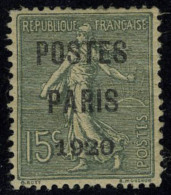 Neuf Avec Charnière N° 25, 15c Vert Olive Postes Paris 1920, T.B. - Sonstige & Ohne Zuordnung