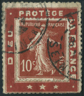 Oblitéré N° 138, 10c Rouge, Semeuse Sur Vignette Porte Timbre Dieu Protège La France. T.B. - Autres & Non Classés