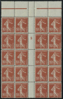 Neuf Sans Charnière N° 138, 10c Semeuse Rouge, Faux Lorulot, Bloc De 20ex Millésime 8 T.B., Rare... - Autres & Non Classés