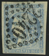 Oblitéré N° 46B, 20c Bleu, Faux De Marseille, Obl Los GC 2240, T.B. Rare, Signé A Brun - Other & Unclassified