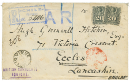 1896 20c(x2) Canc. IQUIQUE On REGISTERED Envelope(BRITISH CONSULATE) + A.R To ENGLAND. Vf. - Chile