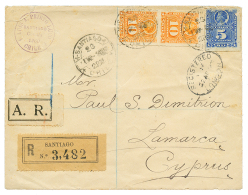 CHILE To CYPRUS : 1900 5c + 10c(x2) Canc. SANTIAGO On REGISTERED Envelope + AR To CYPRUS. Vvf. - Chile