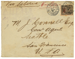 1903 FRENCH P.O 25c Canc. TIENTSIN CHINE + Very Rare Russian Cachet In Violet On Envelope VIA SIBERIA To USA. Vf. - Other & Unclassified
