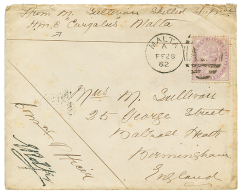 1882 GB 1d Canc. A25 + MALTA + "H.M.S EURGALUS" On Military Envelope To ENGLAND. Vvf. - Other & Unclassified