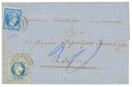 1872 10 SOLDI Canc. LARNACA DI CIPRO + GREECE 20l(fault) On Entire Letter. Verso, LLOYD AGENZIE SMIRNE. Rare Mixed Frank - Autres & Non Classés